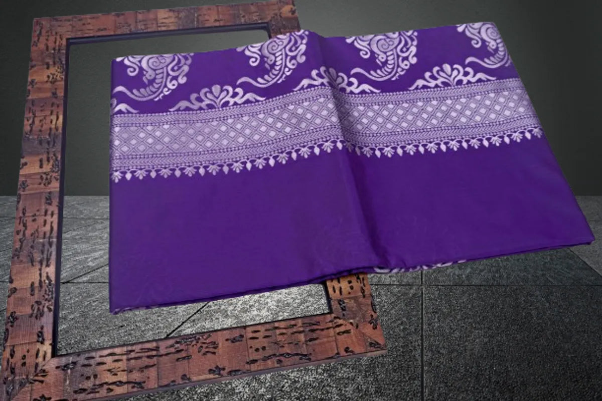 Purple Banarasi Silk Saree with Silver Zari Paisley Motifs & Intricate Pallu - Blouse Piece Included