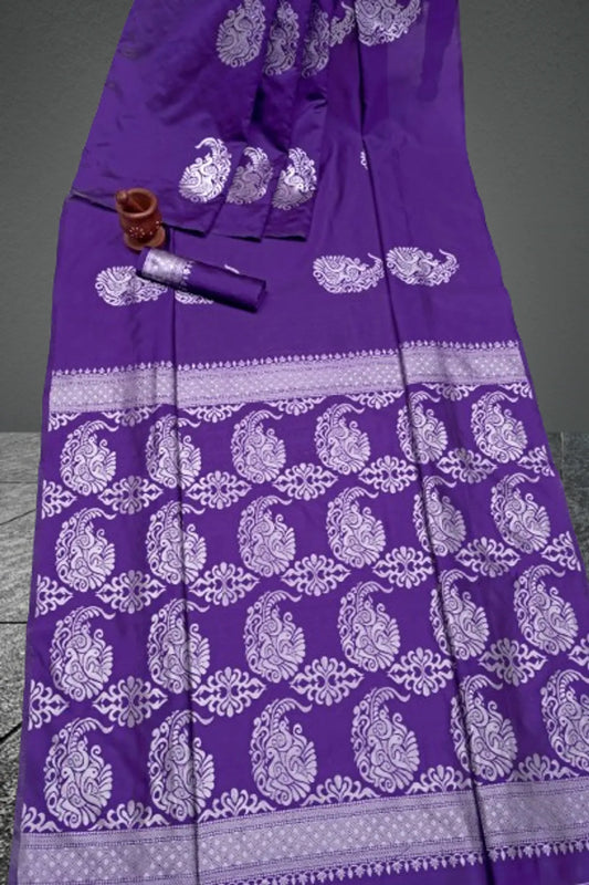 Purple Banarasi Silk Saree with Silver Zari Paisley Motifs & Intricate Pallu - Blouse Piece Included