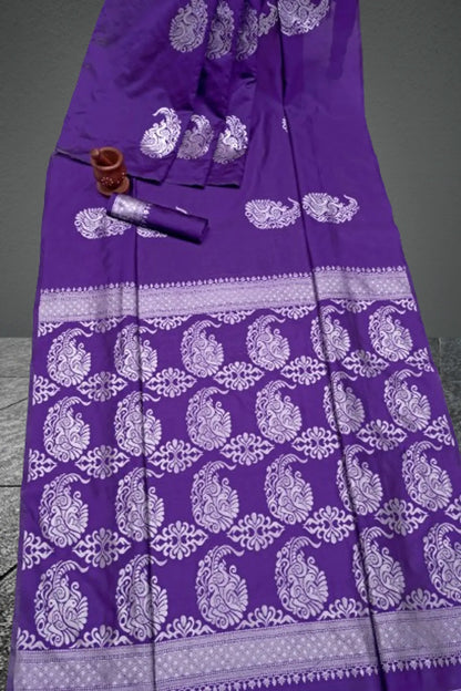 Purple Banarasi Silk Saree with Silver Zari Paisley Motifs & Intricate Pallu - Blouse Piece Included