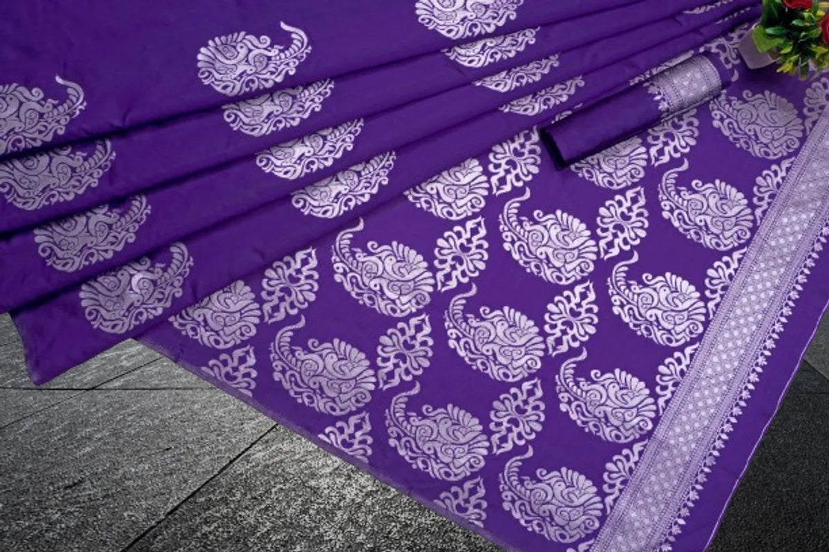 Purple Banarasi Silk Saree with Silver Zari Paisley Motifs & Intricate Pallu - Blouse Piece Included