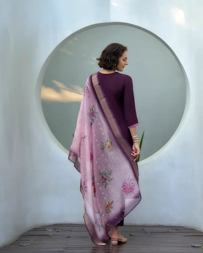 Garnet Bloom Purple Kurti Set with Dupatta | Vatican-Organza Butti Blend