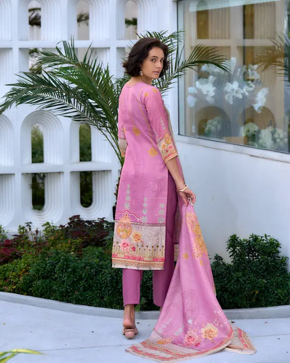 Blush Harmony Pink Embroidered Kurti Set with Dupatta | Silk Blend Fabric