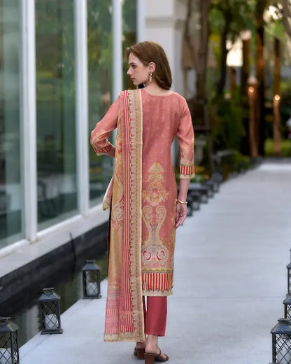Amber Serenade Peach Embroidered Kurti Set with Dupatta | Silk Blend Fabric