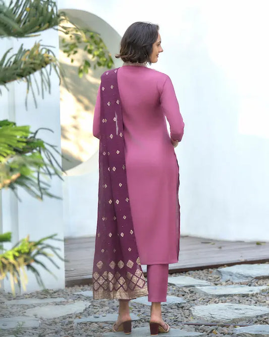 Mulberry Mist Embroidered Kurti Set with Dupatta | Vatican-Chanderi Jacquard