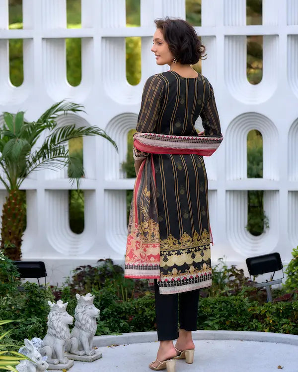 Gold Noir Black Embroidered Kurti Set with Dupatta | Silk Blend Fabric