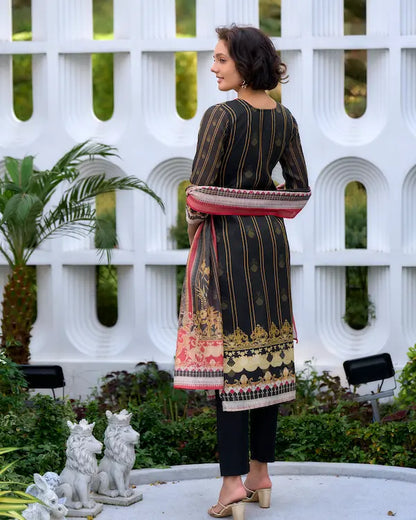 Gold Noir Black Embroidered Kurti Set with Dupatta | Silk Blend Fabric