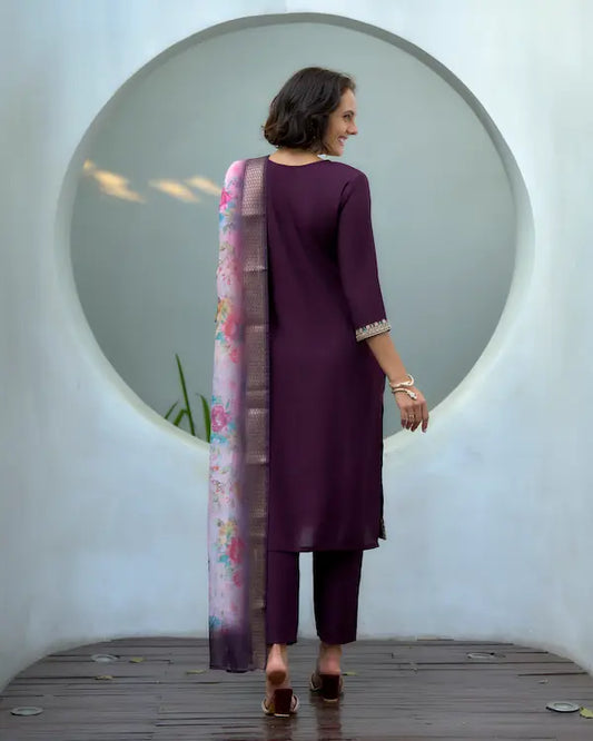 Plum Mirage Purple Embroidered Kurti Set with Dupatta | Vatican-Chanderi Butti