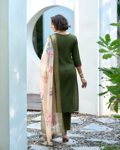 Mirror Meadow Green Kurti Set with Dupatta | Vatican-Organza Butti Blend