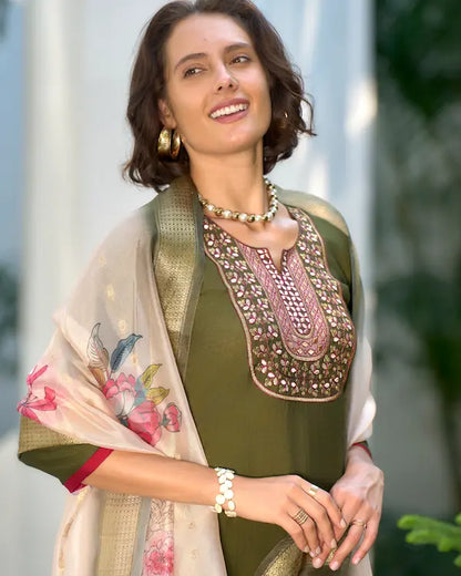 Mirror Meadow Green Kurti Set with Dupatta | Vatican-Organza Butti Blend