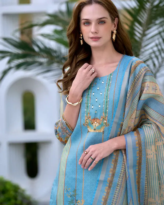 Royal Breeze Blue Embroidered Kurti Set with Dupatta | Silk Blend Fabric