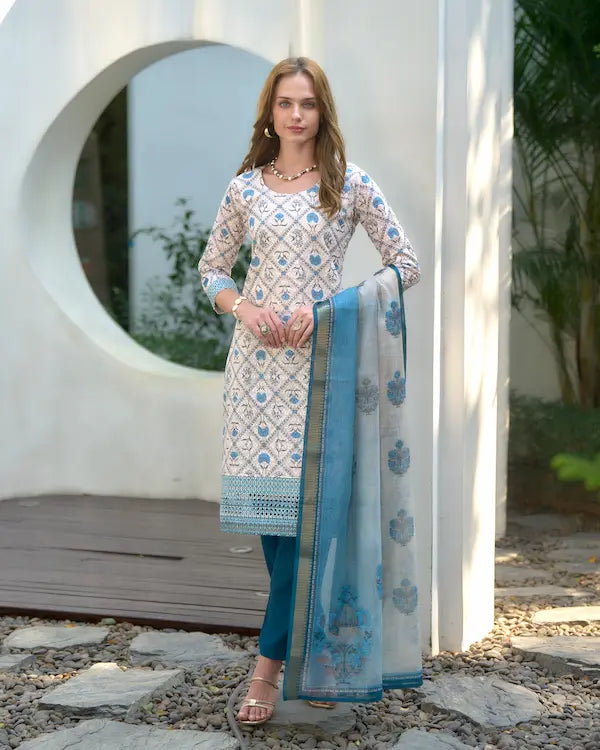 Ivory Frost White Cotton Kurti Set with Dupatta | Roman Fabric