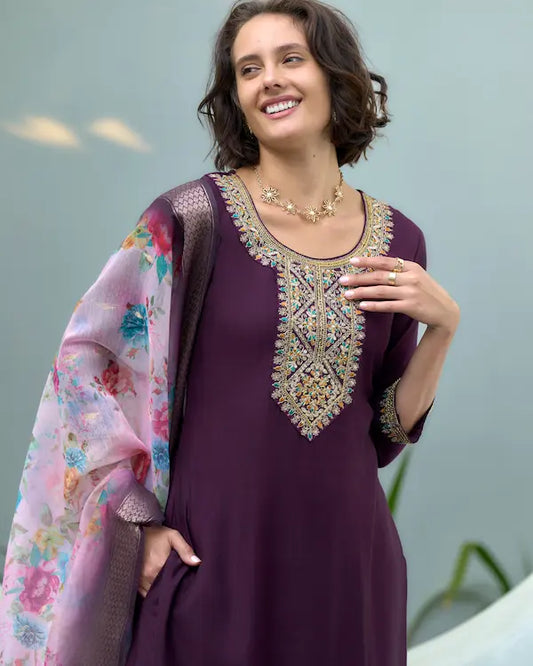 Plum Mirage Purple Embroidered Kurti Set with Dupatta | Vatican-Chanderi Butti