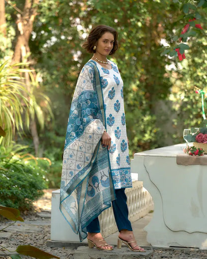 Blue Brilliance White Cotton Kurti Set with Dupatta | Roman Fabric
