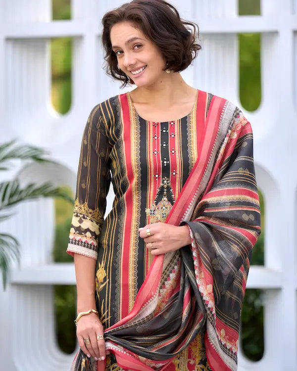 Gold Noir Black Embroidered Kurti Set with Dupatta | Silk Blend Fabric