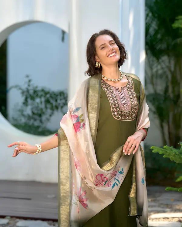Mirror Meadow Green Kurti Set with Dupatta | Vatican-Organza Butti Blend