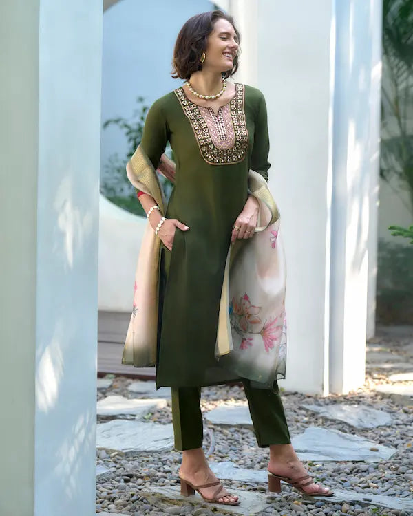 Mirror Meadow Green Kurti Set with Dupatta | Vatican-Organza Butti Blend