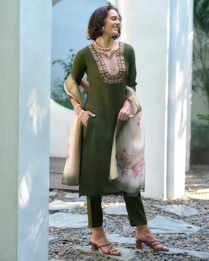 Mirror Meadow Green Kurti Set with Dupatta | Vatican-Organza Butti Blend