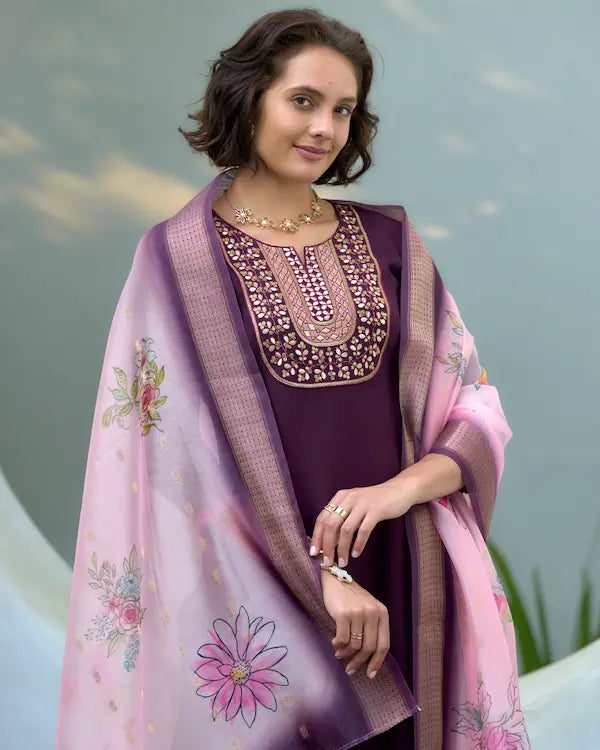 Garnet Bloom Purple Kurti Set with Dupatta | Vatican-Organza Butti Blend
