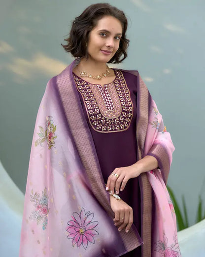 Garnet Bloom Purple Kurti Set with Dupatta | Vatican-Organza Butti Blend