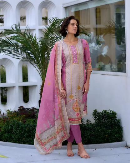 Blush Harmony Pink Embroidered Kurti Set with Dupatta | Silk Blend Fabric
