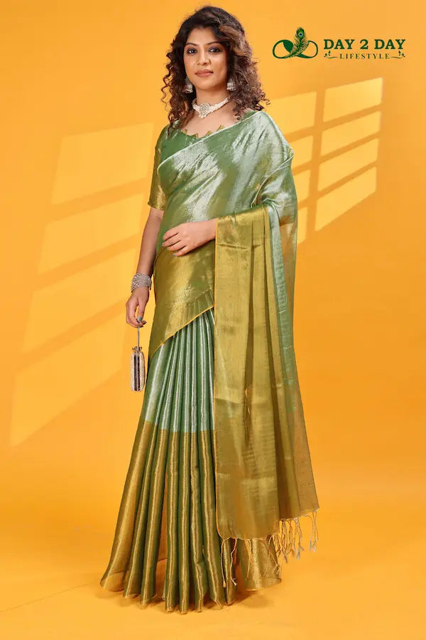 Meadow Mint Green – Rich & Regal Ready-to-Wear Saree | Premium Tissue Cotton