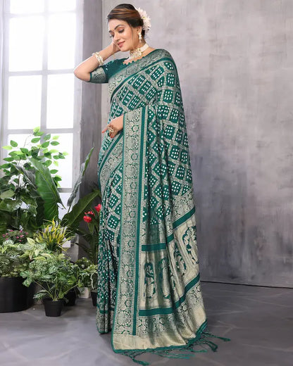 Emerald Raas Green Bandhani Saree with Dandiya Pallu | Misco Gaji Fabric