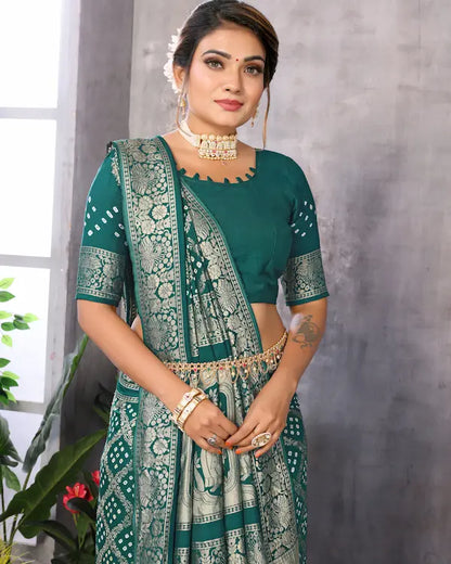 Emerald Raas Green Bandhani Saree with Dandiya Pallu | Misco Gaji Fabric