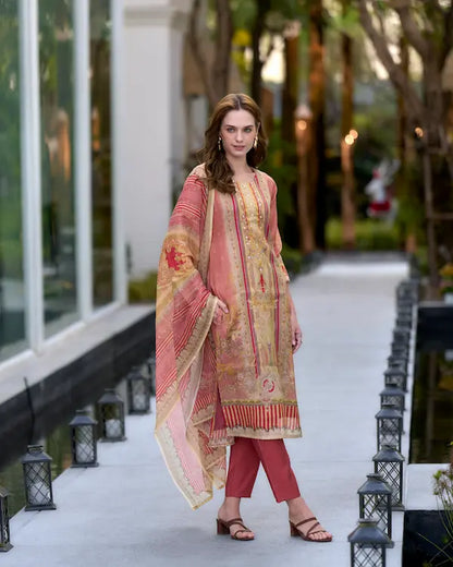 Amber Serenade Peach Embroidered Kurti Set with Dupatta | Silk Blend Fabric