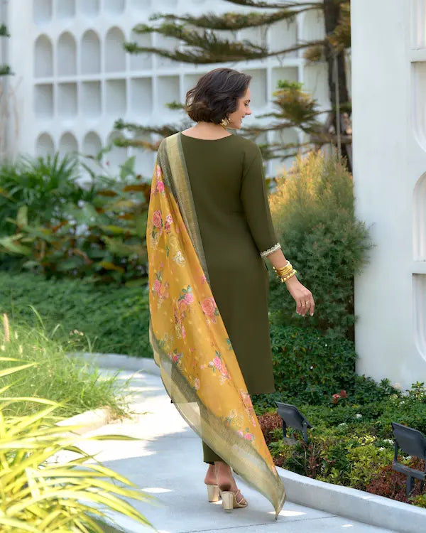 Olive Charm Green Embroidered Kurti Set with Dupatta | Tissue Fabric