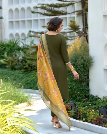 Olive Charm Green Embroidered Kurti Set with Dupatta | Tissue Fabric