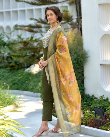 Olive Charm Green Embroidered Kurti Set with Dupatta | Tissue Fabric