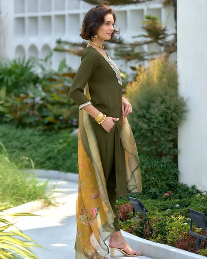 Olive Charm Green Embroidered Kurti Set with Dupatta | Tissue Fabric