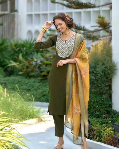 Olive Charm Green Embroidered Kurti Set with Dupatta | Tissue Fabric