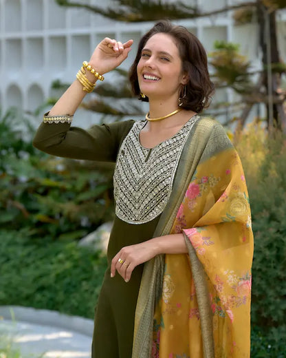 Olive Charm Green Embroidered Kurti Set with Dupatta | Tissue Fabric