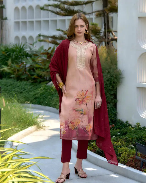 Peach Aura Floral Embroidered Kurti Set with Dupatta | Tissue Fabric