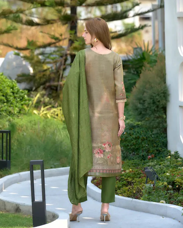 Moss Mirage Green Embroidered Kurti Set with Dupatta | Tissue Fabric