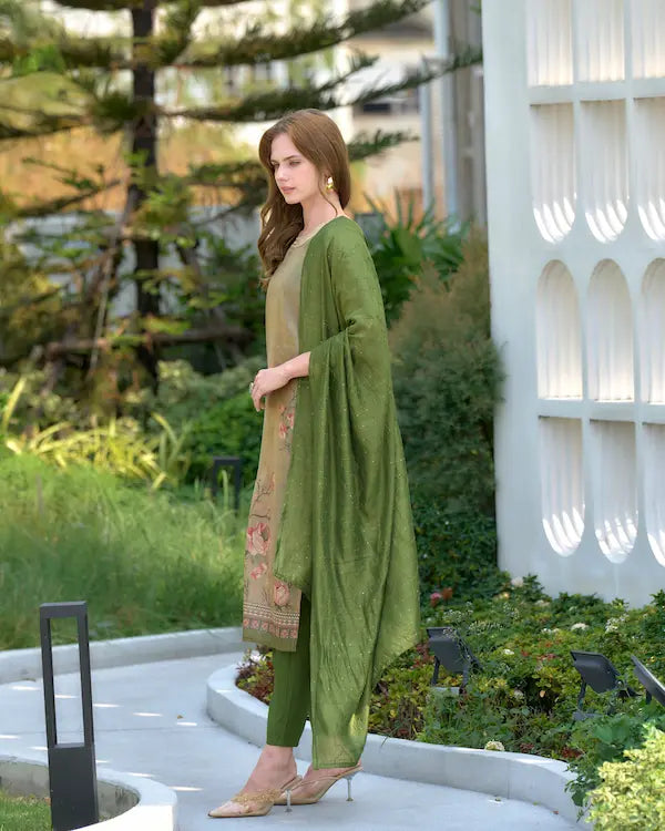 Moss Mirage Green Embroidered Kurti Set with Dupatta | Tissue Fabric