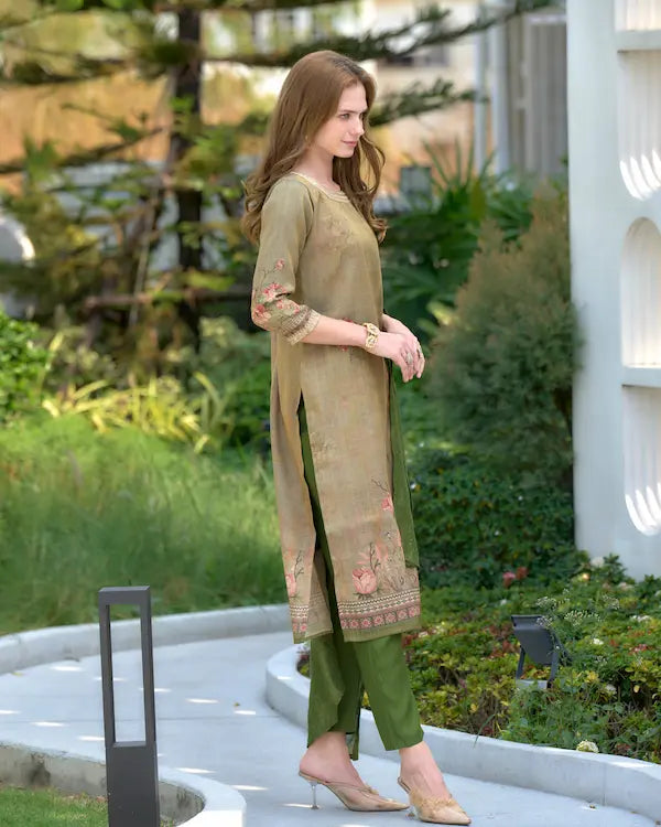 Moss Mirage Green Embroidered Kurti Set with Dupatta | Tissue Fabric