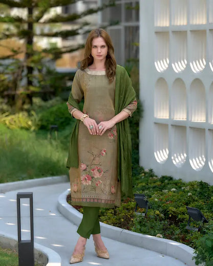 Moss Mirage Green Embroidered Kurti Set with Dupatta | Tissue Fabric