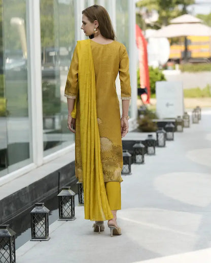Golden Hour Glow Mustard Embroidered Kurti Set with Dupatta | Tissue Fabric