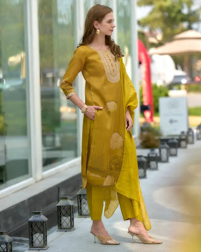 Golden Hour Glow Mustard Embroidered Kurti Set with Dupatta | Tissue Fabric