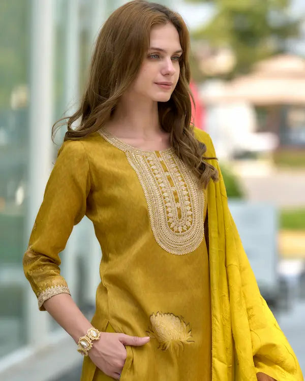 Golden Hour Glow Mustard Embroidered Kurti Set with Dupatta | Tissue Fabric