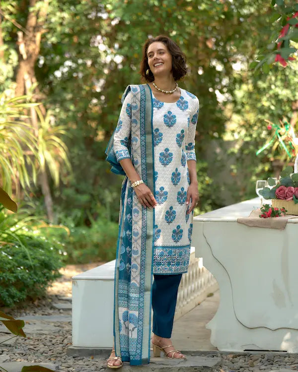 Blue Brilliance White Cotton Kurti Set with Dupatta | Roman Fabric