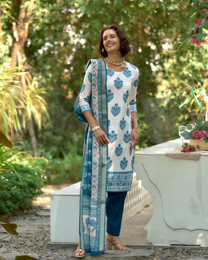 Blue Brilliance White Cotton Kurti Set with Dupatta | Roman Fabric