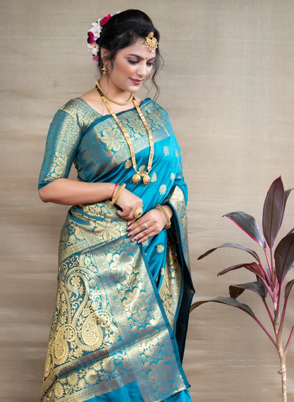 Firoji Banarasi Silk Saree with Golden Zari Floral & Paisley Weaving - Blouse Piece Included