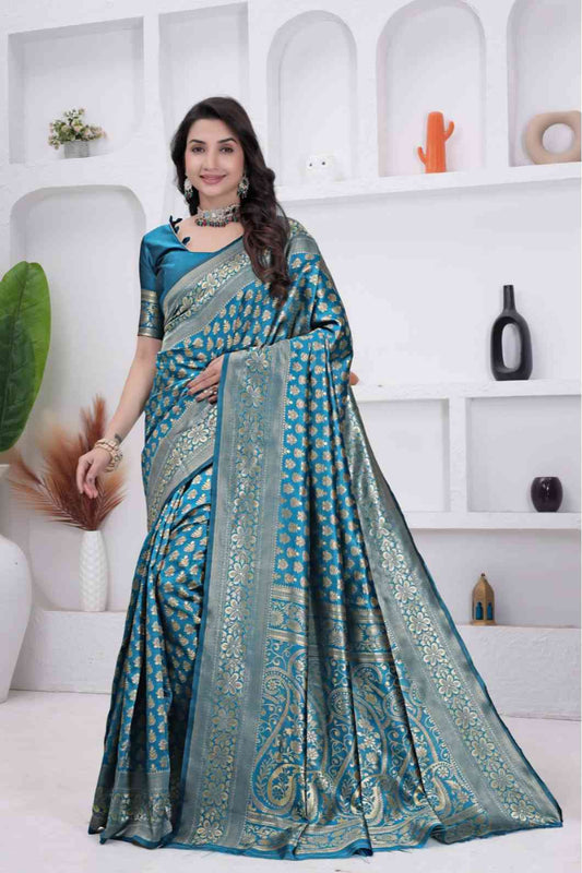 Firoji Banarasi Soft Silk Saree for Women with Rich Zari Jacquard Weaving | Daily Wear - Blouse Piece Included