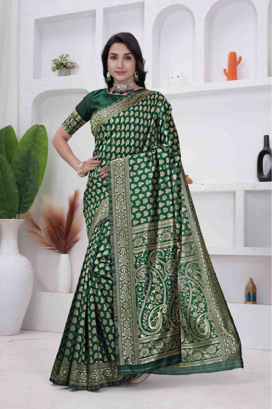 Green Banarasi Soft Silk Saree for Women with Rich Zari Jacquard Weaving | Daily Wear - Blouse Piece Included