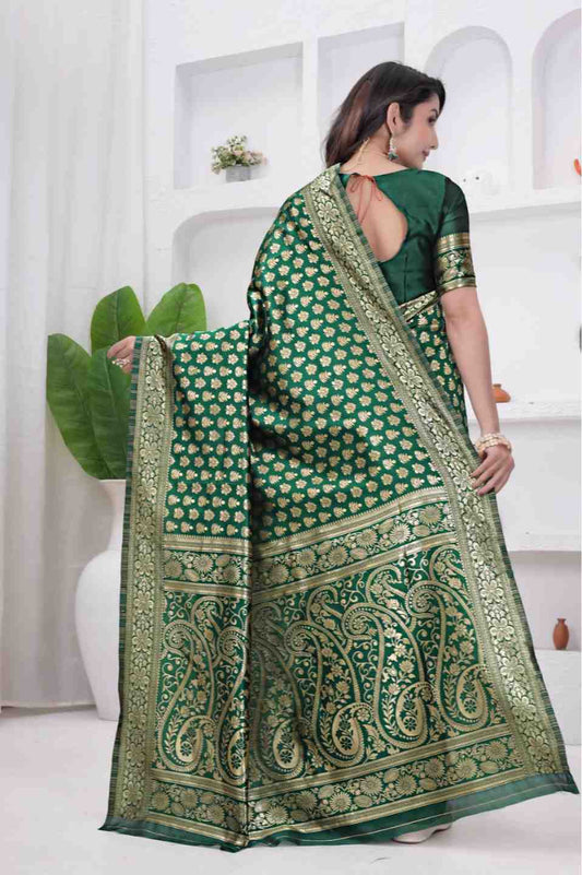Green Banarasi Soft Silk Saree for Women with Rich Zari Jacquard Weaving | Daily Wear - Blouse Piece Included