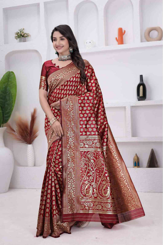 Maroon Banarasi Soft Silk Saree for Women with Rich Zari Jacquard Weaving | Daily Wear - Blouse Piece Included