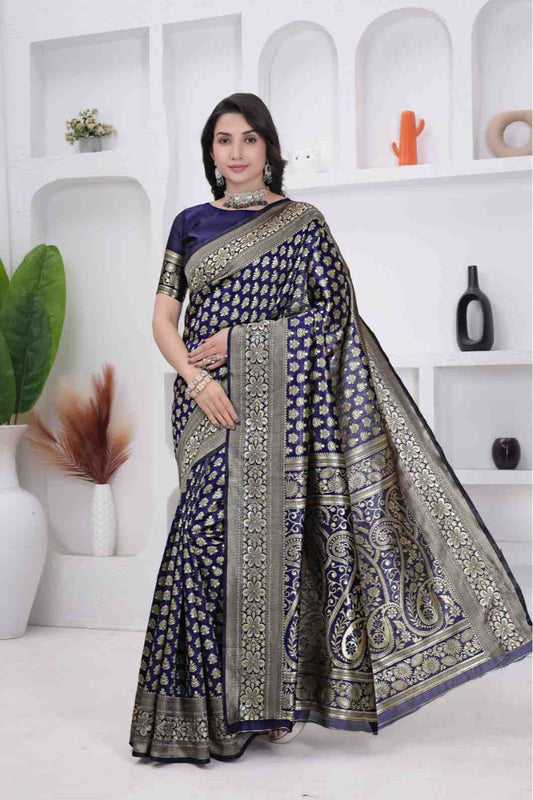 Navy Blue Banarasi Soft Silk Saree for Women with Rich Zari Jacquard Weaving | Daily Wear - Blouse Piece Included